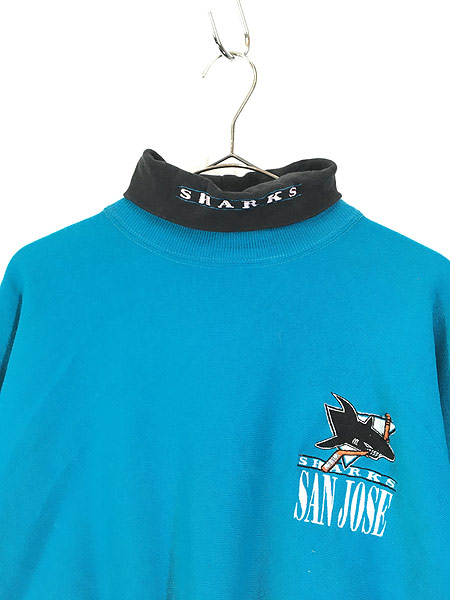 古着 90s USA製 NHL SHARKS ロゴ 刺しゅう タートルネック スウェット