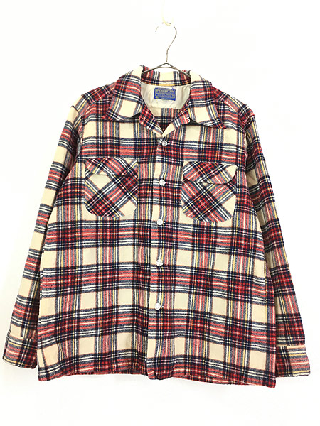 古着 70s USA製 Pendleton ホワイト チェック 開襟 ウール ボックス