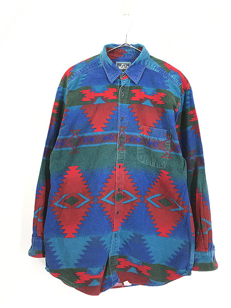 80s 90s USA 総柄 レーヨン シャツ ブルー レッド L aw121