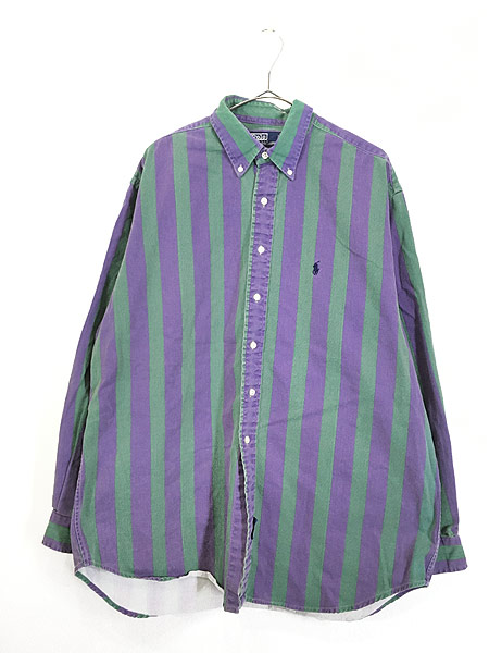 古着 90s Polo Ralph Lauren 緑×紫 ストライプ コットン BD シャツ L 