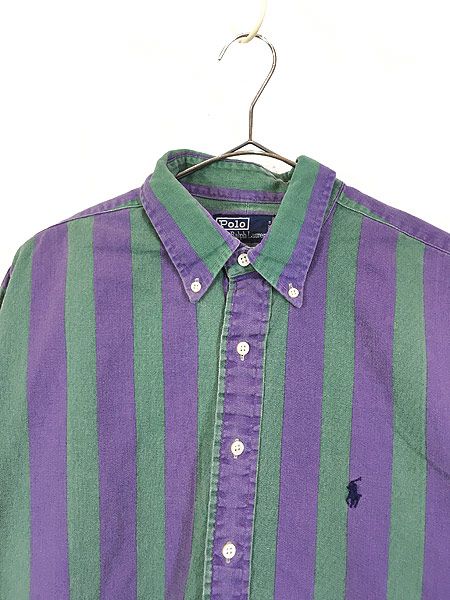 古着 90s Polo Ralph Lauren 緑×紫 ストライプ コットン BD シャツ L