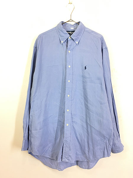 古着 90s Ralph Lauren 「BLAKE」 ワンポイント リネン BD シャツ 青 M