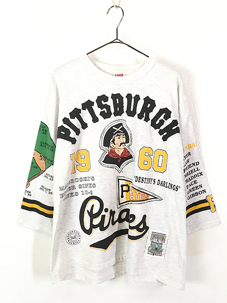 古着 90s USA製 MLB Pittsburgh Pirates パイレーツ 「1960」 総柄 Tシャツ 七分袖 XL 古着 古着 通販  ヴィンテージ 古着屋 Dracaena ドラセナ
