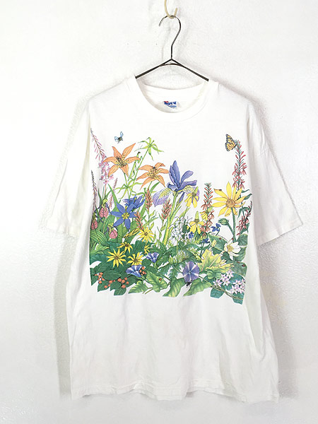 古着 90s USA製 HARLEQUIN フラワー 昆虫 グラフィック アート Tシャツ 