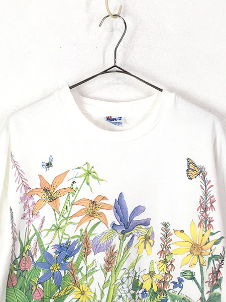 古着 90s USA製 HARLEQUIN フラワー 昆虫 グラフィック アート Tシャツ 