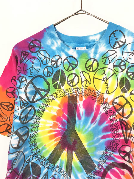 大人女性のトップス輝い PEACE 90s XL タイダイ ビンテージ Tシャツ USA 古着 80s Tシャツ