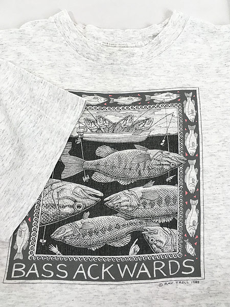 古着 80s USA製 RAY TROLL 「BASS ACKWARDS」 魚 アート Tシャツ XL 