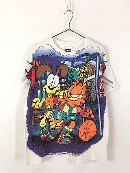 古着 90s Garfield Jam Session 1 On 1 ストリート バスケ 総柄 キャラクター Tシャツ L 古着 古着 通販 ヴィンテージ古着屋のドラセナ