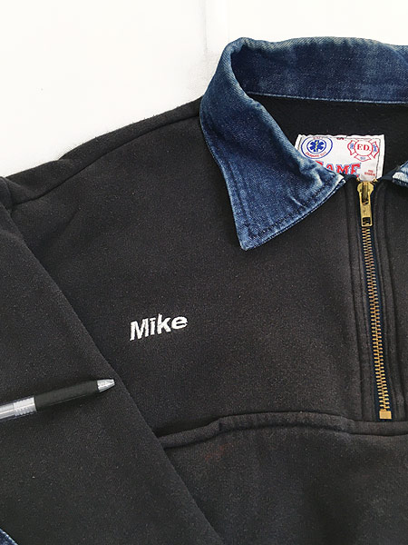 古着 90s USA製 FIRE DEPT デニム パッチ & 襟 ハーフジップ 