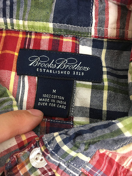 古着 Brooks Brothers インド綿 チェック 半袖 パッチワーク シャツ M