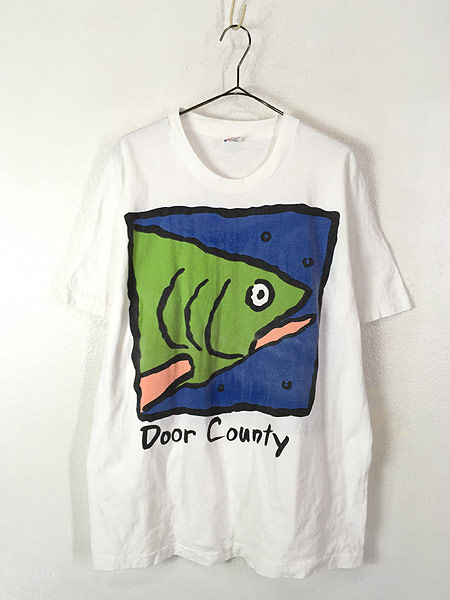 古着 90s USA製 「Door Country」 魚 ボックス アート Tシャツ XL 古着 
