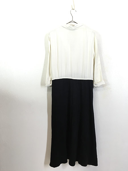 レディース 古着 80s モノトーン 異素材 ロールアップ スリーブ 開襟 フレア ワンピース ロング丈 M位 古着 古着 通販 ヴィンテージ古着屋のドラセナ