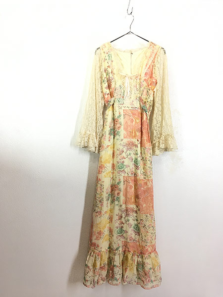 レディース 古着 70s USA製 パッチワーク風 花柄 レース シースルー