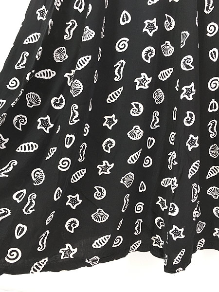 レディース 古着 90s 貝 ヒトデ タツノオトシゴ 総柄 モノトーン レーヨン ノースリーブ ワンピース ドレス ロング丈 M 古着 古着 通販 ヴィンテージ古着屋のドラセナ