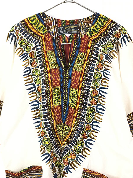 レディース 古着 80s アフリカ ネイティブ柄 民族 七分袖 プルオーバー ダシキ シャツ M 古着 - 古着 通販 ヴィンテージ 古着屋