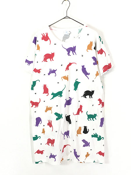 レディース 古着 80s Canada製 ねこ 猫 肉球 カラフル シルエット 総柄 Tシャツ ワンピース Xl位 古着 古着 通販 ヴィンテージ 古着屋 Dracaena ドラセナ