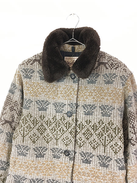 レディース 古着 90s USA製 WoolRich フェアアイル ボーダー 襟ボア