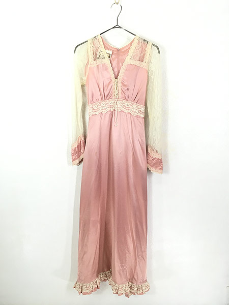 レディース 古着 70s GUNNE SAX 光沢 花柄 レース アップ ガーリー ワンピース ドレス ロング丈 M位 古着【10off】 - 古着  通販 ヴィンテージ　古着屋 Dracaena ドラセナ