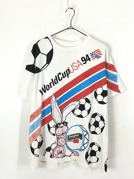 古着 90s USA製 Energizer 「World Cup USA 94」 ワールドカップ 総柄 Tシャツ XL位 古着 - 古着 通販  ヴィンテージ　古着屋 Dracaena ドラセナ