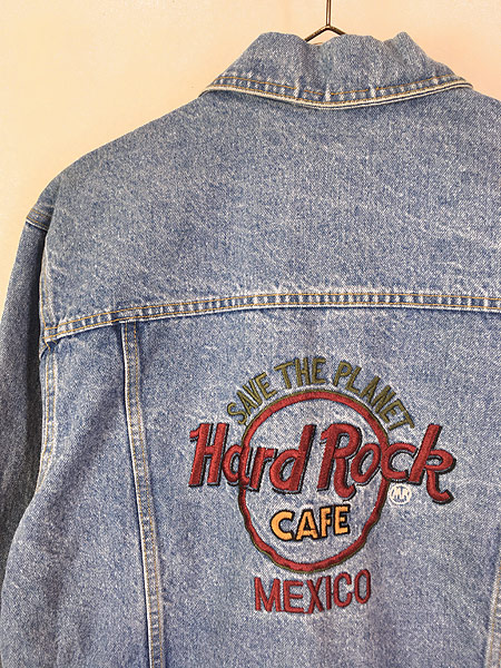 古着 90s ハードロックカフェ 刺繍ロゴ デニム ジャケット USサイズ 
