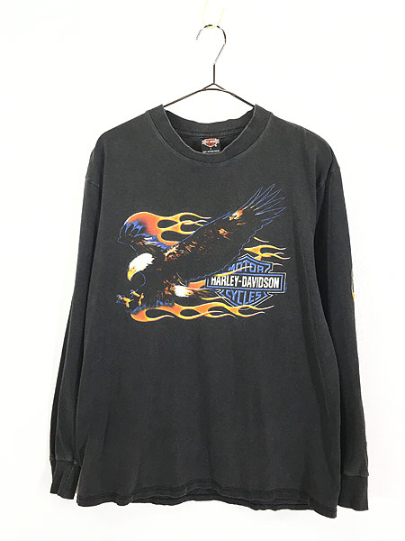 古着 90s USA製 Harley Davidson ファイヤー パターン 長袖 Tシャツ