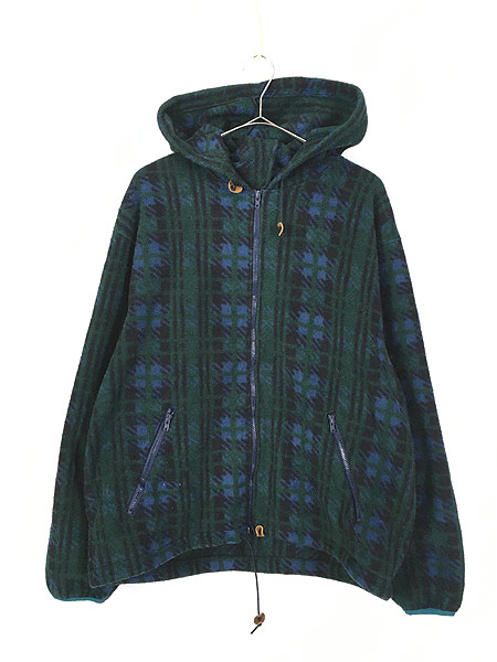 古着 90s USA製 LL Bean グリーン チェック フーデッド フリース