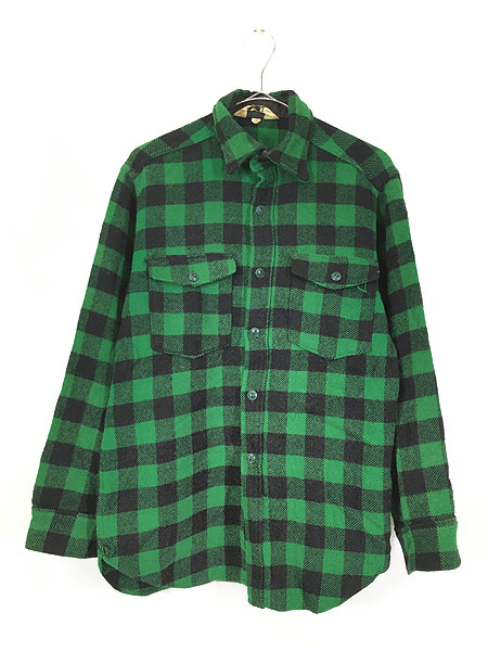 60s 70s Woolrich チェックシャツ ウールシャツ 長袖シャツ 緑-