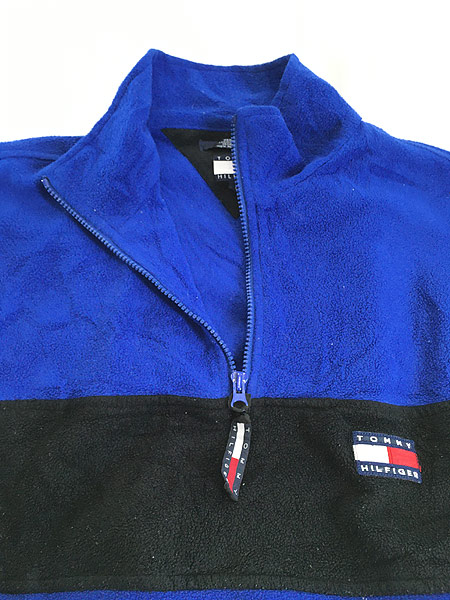 古着 90s TOMMY HILFIGER 黒×青 ワンライン ハーフジップ フリース