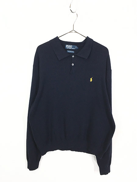 古着 Polo Ralph Lauren 上質 コットン ニット ポロシャツ ロンポロ 紺 ...