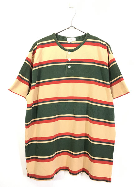 古着 90s J Crew マルチ ボーダー カノコ ヘンリーネック Tシャツ L