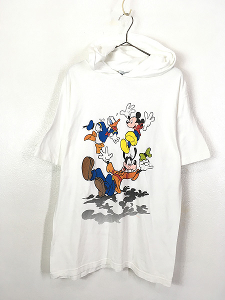 古着 90s USA製 Disney ミッキー グーフィー ドナルド フーデッド Tシャツ パーカー M 古着
