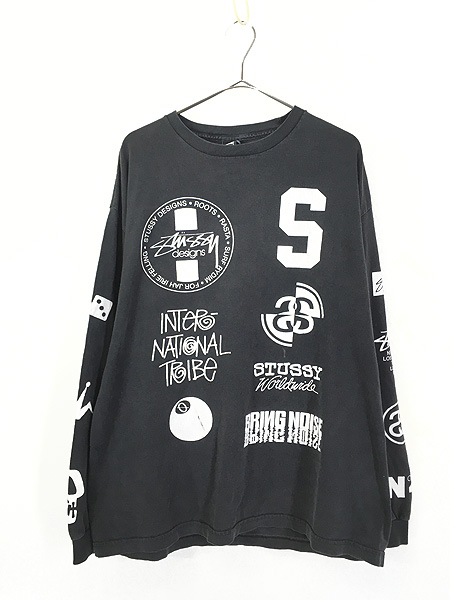 【美品】stussy スカルプリント スウェット クロスロゴ ブラック XL