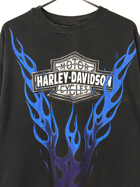 古着 90s USA製 HARLEY DAVIDSON ブルー ファイヤー シールド Tシャツ