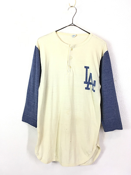 古着 80s USA製 Champion 「LA」 ハーフ ボタン 七分袖 ベースボール T