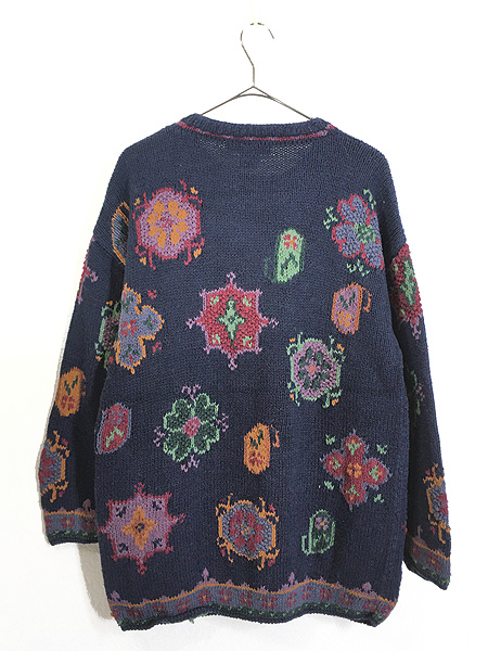 90s〜vintage ラミーknit 花柄 白×青 古着-