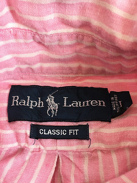 古着 90s Ralph Lauren 「CLASSIC FIT」 ストライプ リネン シャツ L 