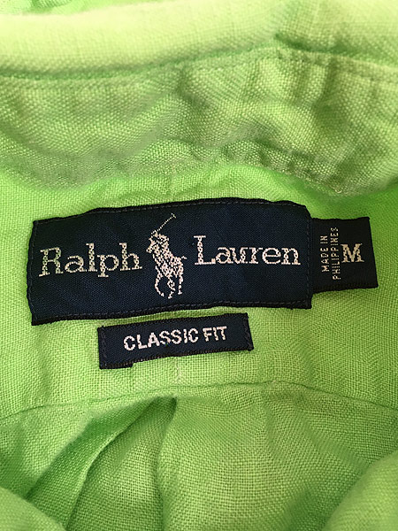 古着 90s Ralph Lauren ワンポイント ソリッド リネン シャツ 黄緑 M