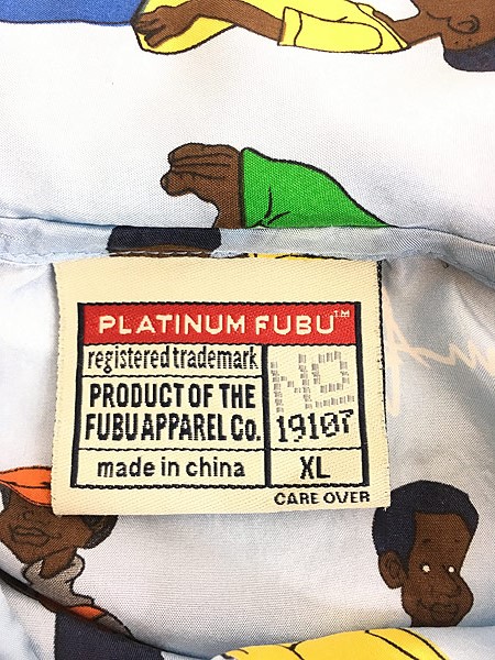 古着 00s PLATINUM FUBU 「Fat Albert」 総柄 開襟 光沢 シルク シャツ