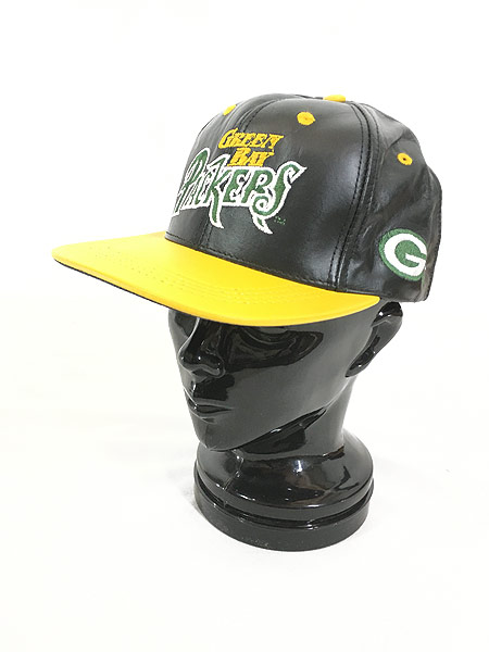 [1] 雑貨 古着 90s USA製 NFL Green Bay Packers ロゴ 刺しゅう アメフト 本革 レザー キャップ Free 帽子 古着
