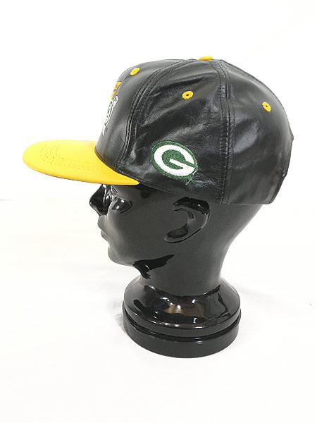 [2] 雑貨 古着 90s USA製 NFL Green Bay Packers ロゴ 刺しゅう アメフト 本革 レザー キャップ Free 帽子 古着