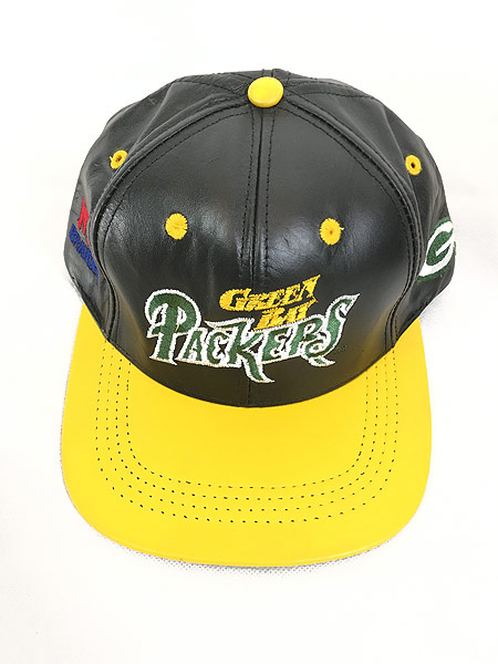 [4] 雑貨 古着 90s USA製 NFL Green Bay Packers ロゴ 刺しゅう アメフト 本革 レザー キャップ Free 帽子 古着