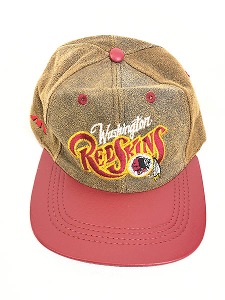 雑貨 古着 90s USA製 NFL Washington REDSKINS ロゴ 刺しゅう 本革 レザー キャップ Free 帽子 古着