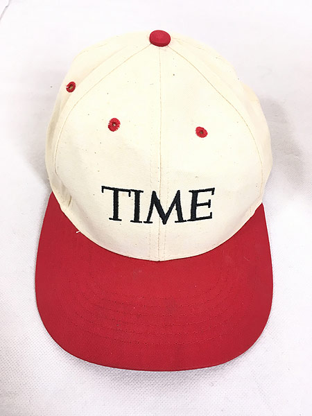 [4] 雑貨 古着 80s 「TIME」 刺しゅう  6パネル キャップ アイボリー×赤 Free 帽子 古着