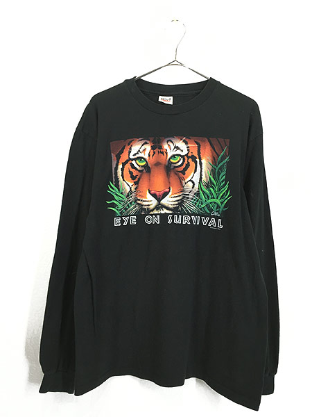 [1] 古着 90s USA製 「EYE ON SURVIVAL」 トラ タイガー 長袖 Tシャツ ロンT L 古着
