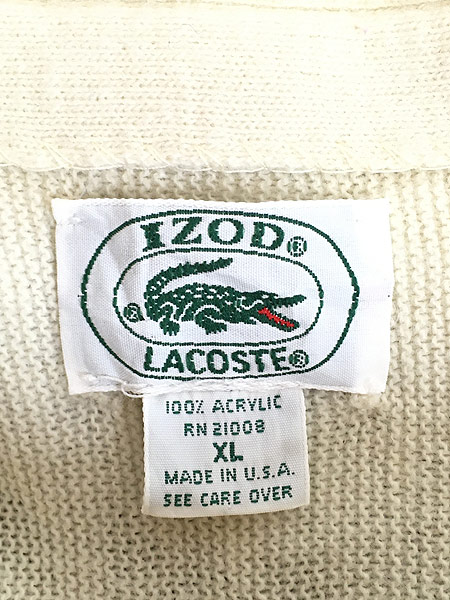 古着 80s USA製 IZOD LACOSTE ワニ アクリル ニット カーディガン アイボリー XL 古着 - 古着　通販　 ヴィンテージ古着屋のドラセナ