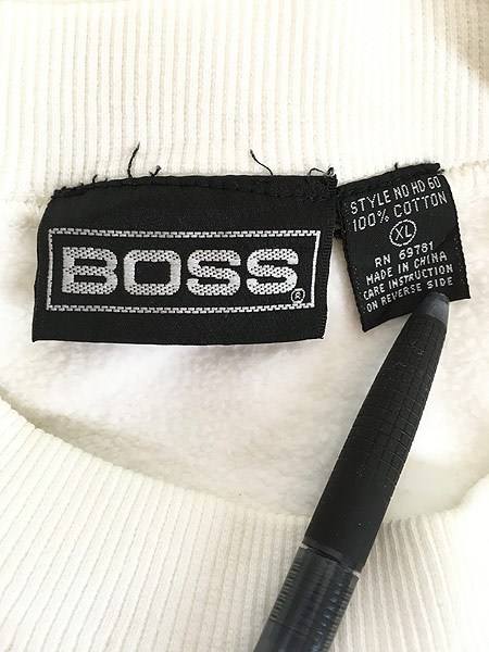 [8] 古着 90s BOSS ボス BIG ロゴ ポケット付 デザイン スウェット トレーナー XL 古着