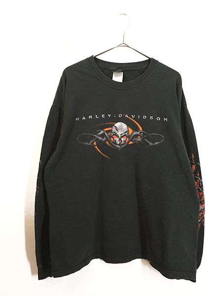 古着 00s USA製 HARLEY DAVIDSON スカル 棘 ファイヤー 長袖 Tシャツ