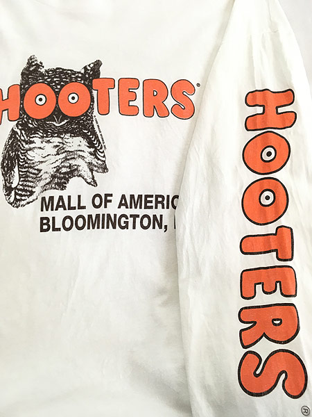 古着 90s USA製 HOOTERS フーターズ 両面 企業 プリント 長袖 T シャツ