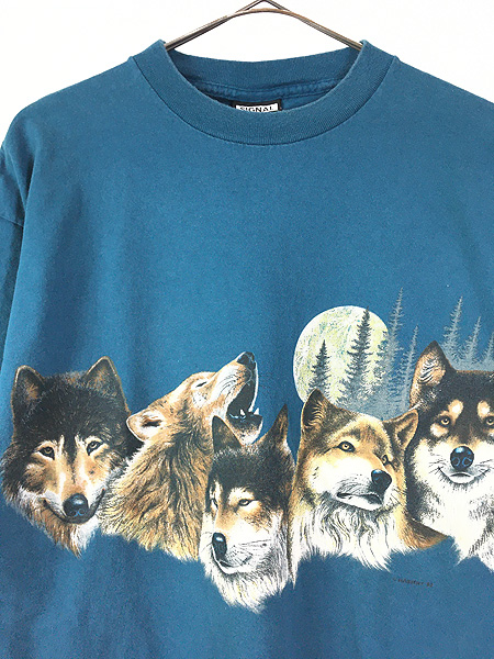 古着 90s USA製 オオカミ ウルフ アニマル 両面 プリント Tシャツ L 