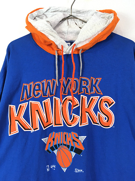 古着 90s USA製 NBA New York Knicks ニックス Wフード 長袖 Tシャツ 